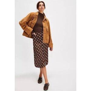 Free People Skirt Analise Brown Polka Dot Button Front Satin Midi Size 8